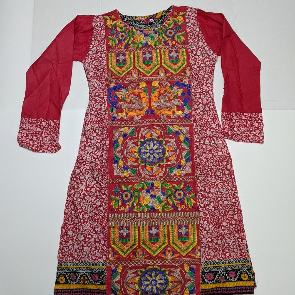Embroidered midi floral, Cotton dress, Red